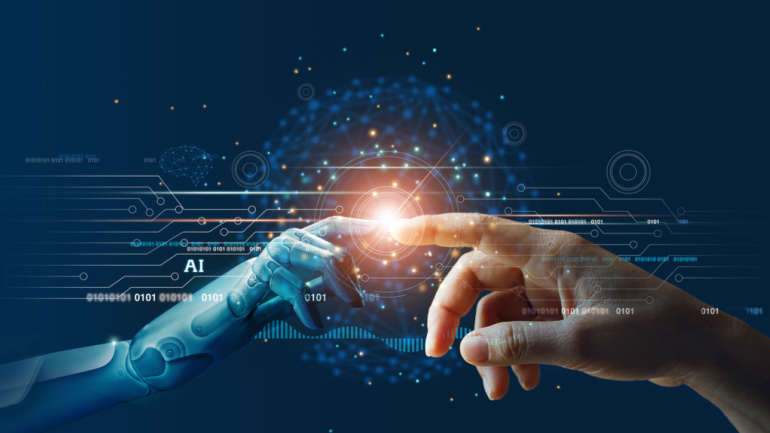 AI advancements. Hands of robot and human touching on big data network connection background, Science and artificial intelligence technology, innovation and futuristic.