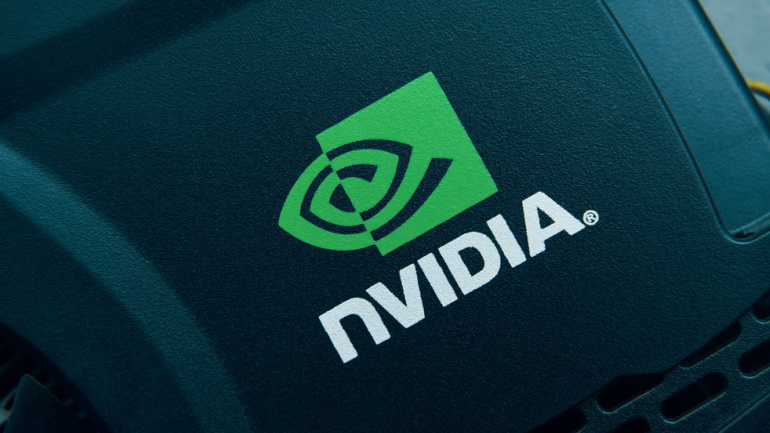 Close up shot of Nvidia brand logo on video card GPU superchip
