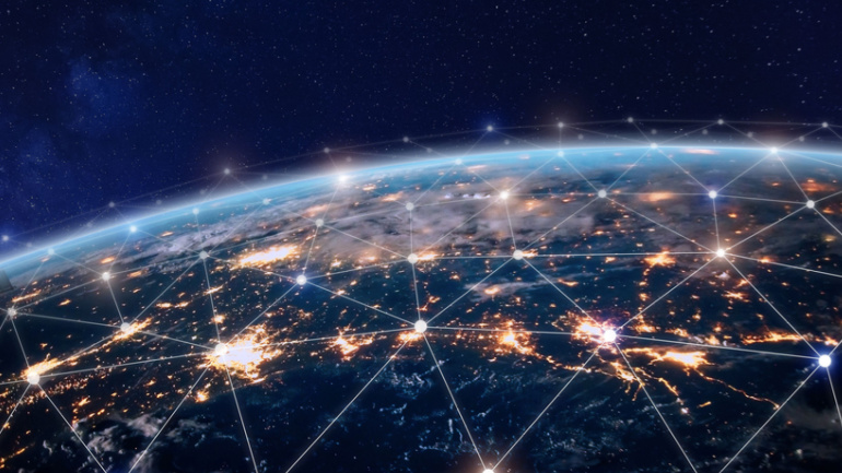 Global world telecommunication infrastructure network with nodes connected around earth, concept about internet and worldwide communication technology