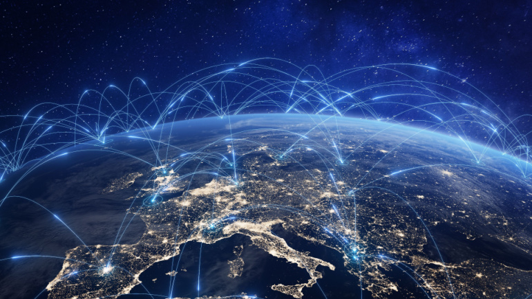 Communication technology with global internet network connected in Europe. Telecommunication and data transfer european connection links. IoT, finance, business, blockchain, security. M&A