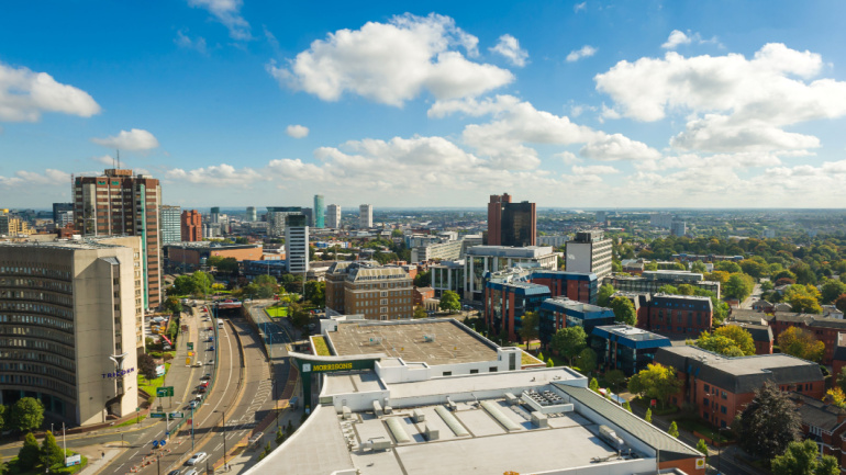 Aerial view of Birmingham city center. Birmingham is the Britain's second city. Dark Fibre