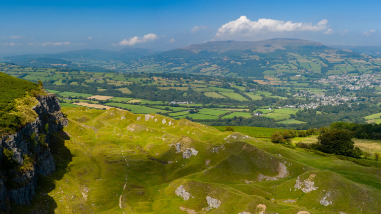 Ogi's Full Fibre, Aerial panorama of the limestone cliffs at Llangattock in the Brecon Beacons, South Wales