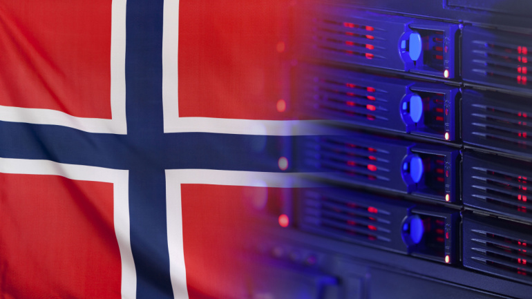 Technology concept consisting of server hardware merging with the Flag of Norway; Data centers Norway