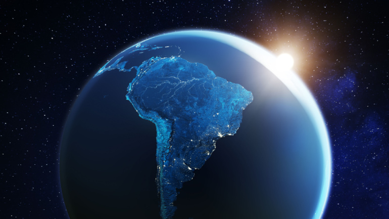 South America viewed from space with sunrise on planet Earth and stars, overview of Amazon river and forest, night lights from cities in Brazil, Argentina, Chile, Peru, map elements from NASA, 8k. Telefonica Nokia