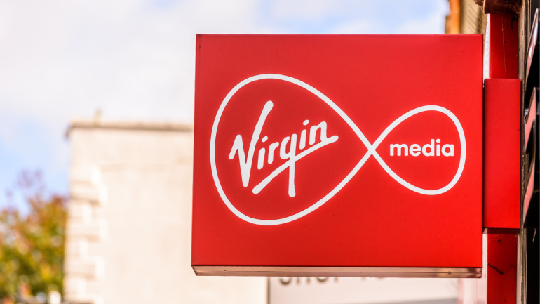 Virgin Media logo sign in Northampton town centre.XGS PON