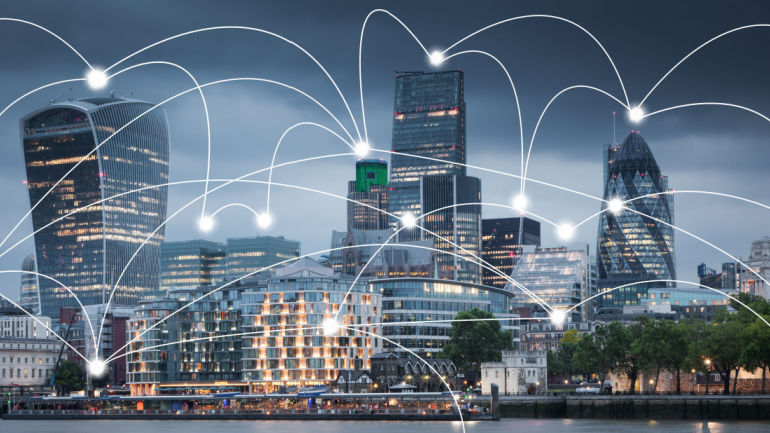 smart city and connection lines. Internet concept of global business, London, UK; Virgin Media O2